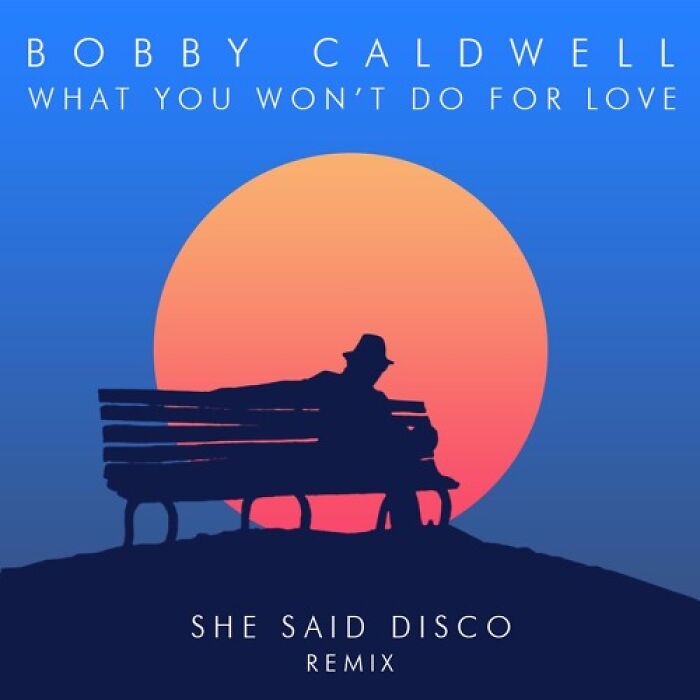 Bobby Caldwell song cover art featuring a silhouetted figure on a bench against a sunset, for '70s music.