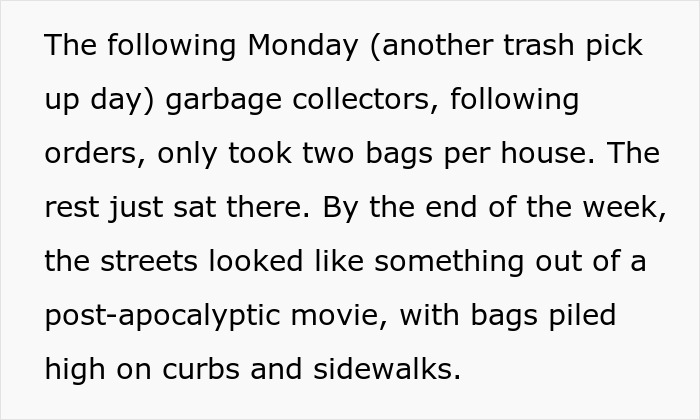 Text describing garbage collectors taking limited bags, leading to street chaos with piled trash bags on sidewalks.