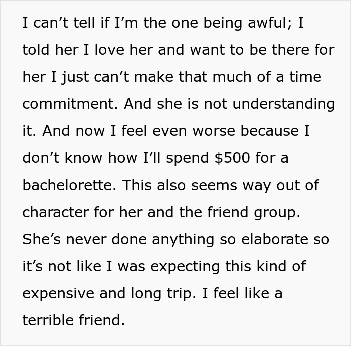 Text about bachelorette mini-vacation drama, expressing concerns over cost and commitment.