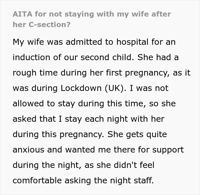 Text discussing a man's dilemma about not staying with his wife after her C-section.