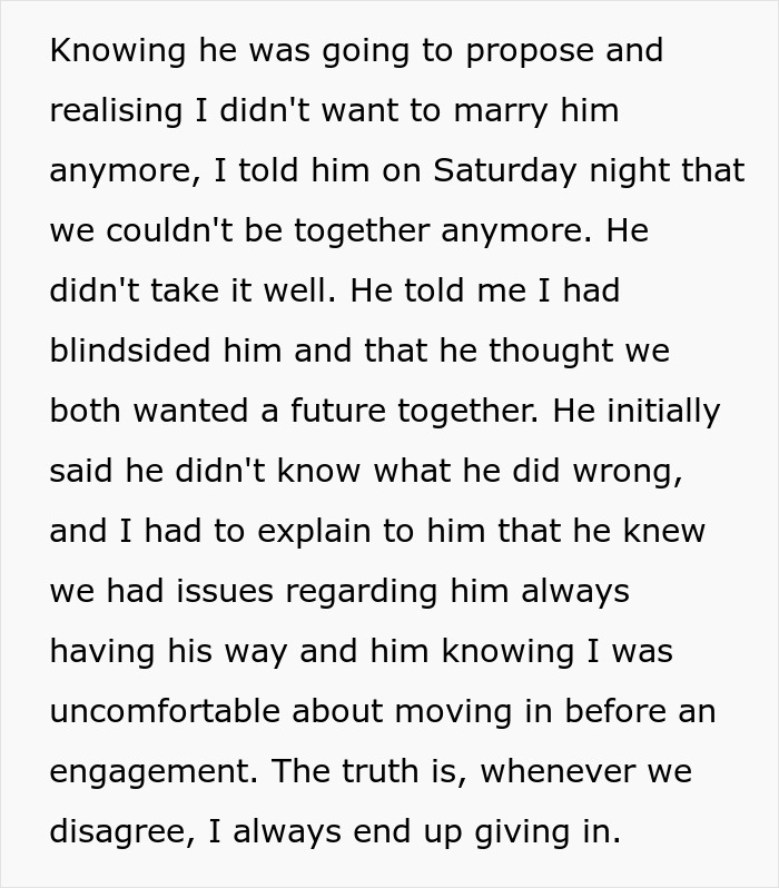 Text about ending a relationship before a ring proposal and engagement.