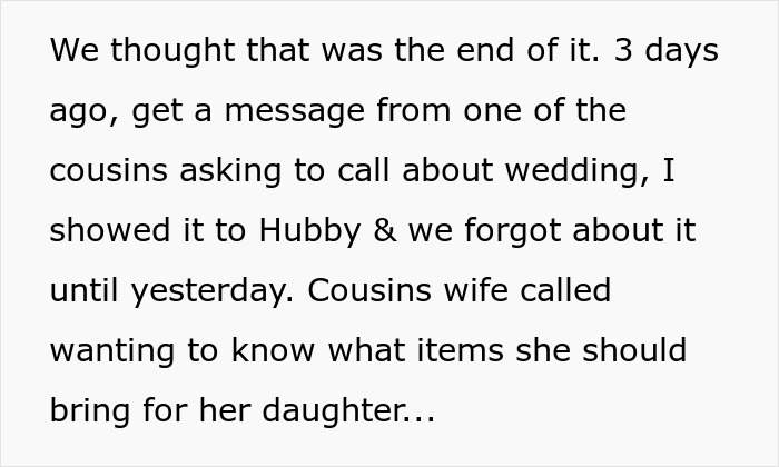 Text message about wedding preparations and family pressures on woman to care for six kids.