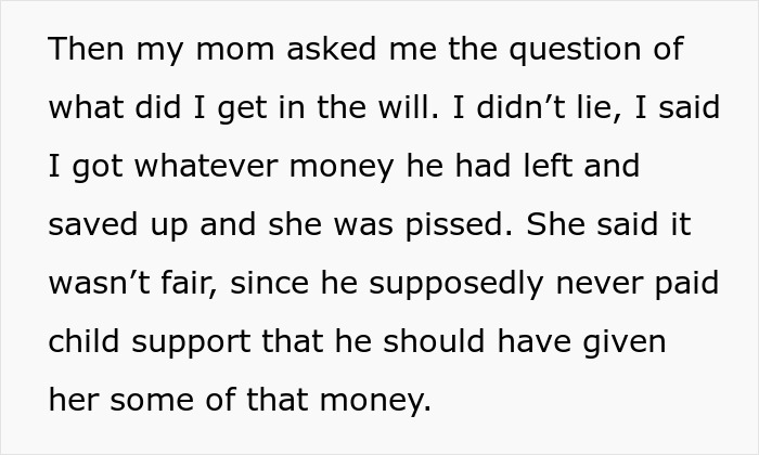 Text about a mom questioning a child's inheritance and expressing anger over child support issues.