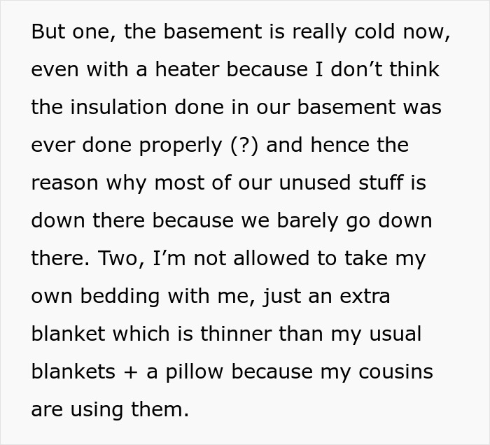 Text about a cold dingy basement and insufficient bedding for a 16-year-old.