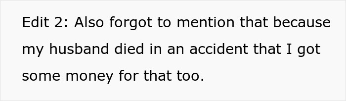 Text highlights a woman discussing financial gains from husband's accident death.