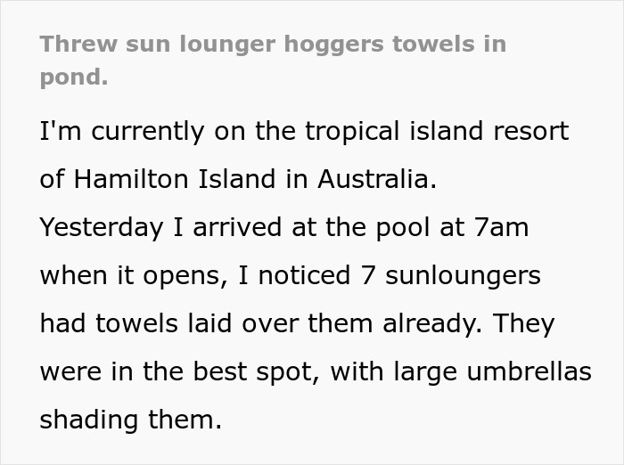 Text describing petty revenge at a resort, involving throwing towels in a pond.