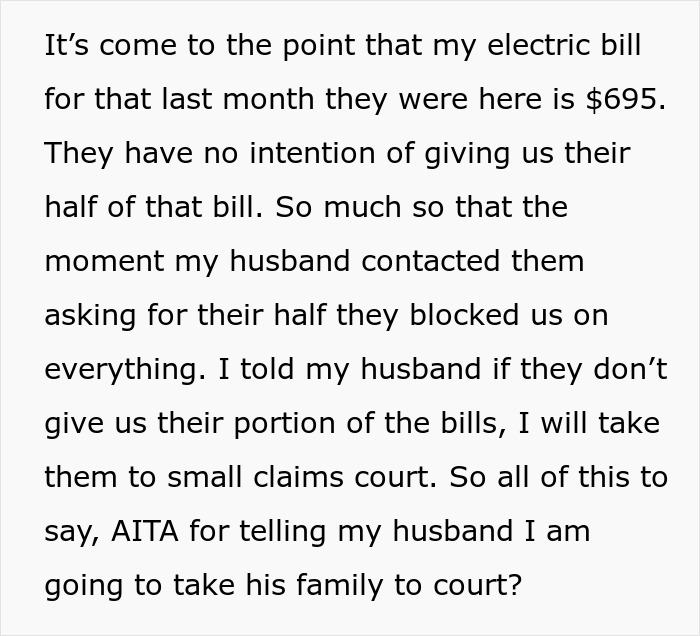 Woman considers legal action over unpaid bill by husband's family.