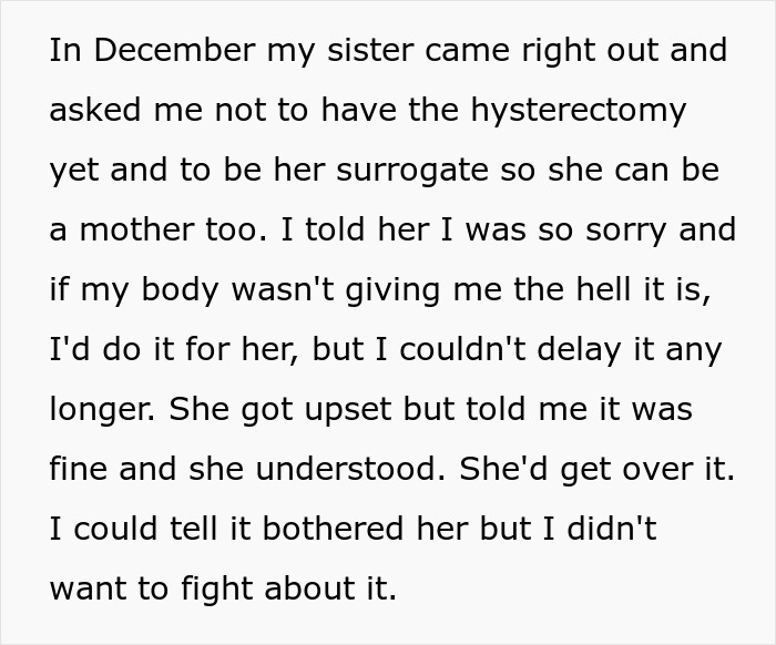 Text excerpt discussing a woman's decision to have a hysterectomy and facing pressure to become a surrogate.