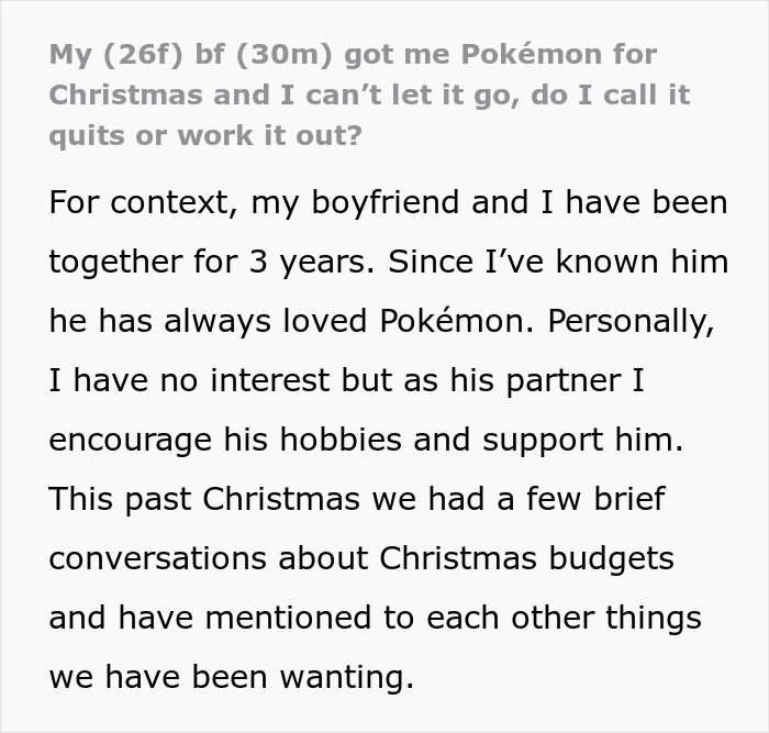 Text discussing a boyfriend gifting Pokémon cards for Christmas, relationship impact considered.