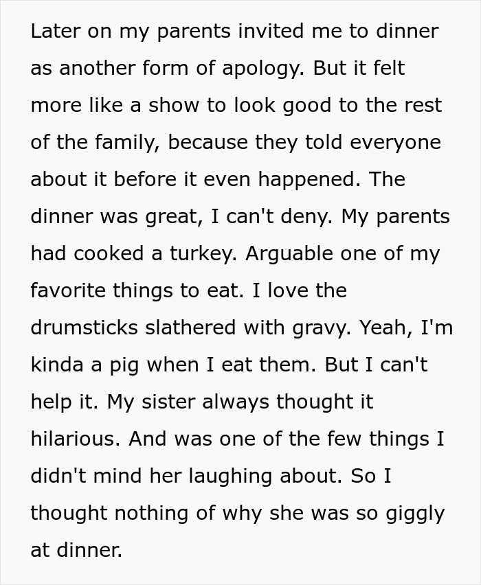 Text describing a dinner apology with family, highlighting turkey and gravy enjoyment, amidst a minor disagreement.