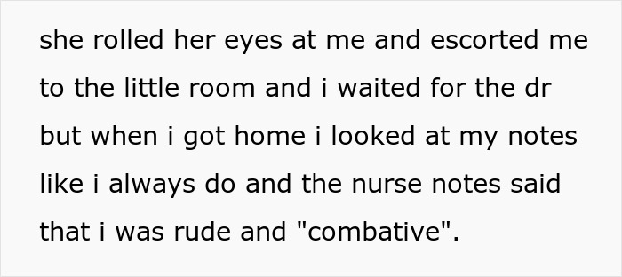 Text describing a nurse's reaction during a hysterectomy appointment, noting a patient as "rude" and "combative.