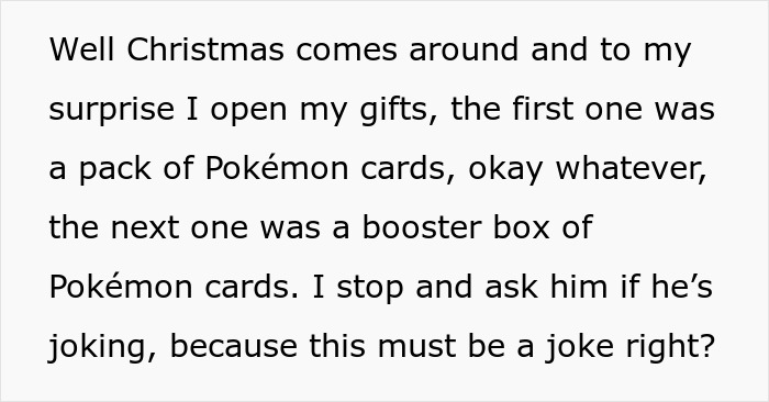 Text describing a Christmas gift of Pokémon cards from a boyfriend.