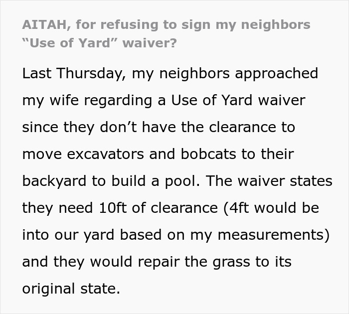 Text discussing neighbors requesting a yard use waiver for construction access.