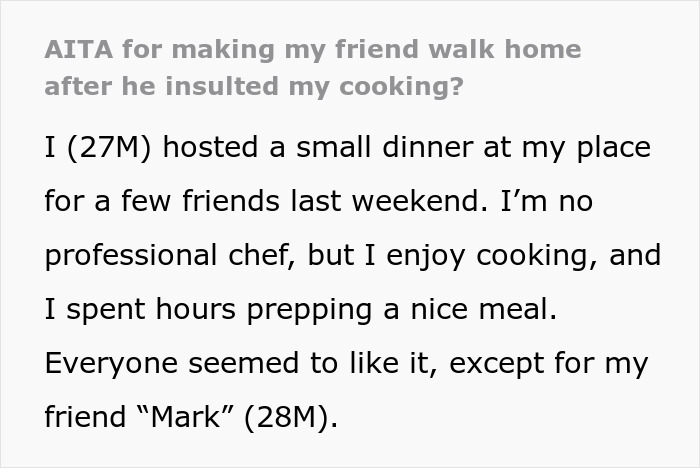 Text showing a story about a guy hosting a dinner and a friend making snarky remarks over the meal.