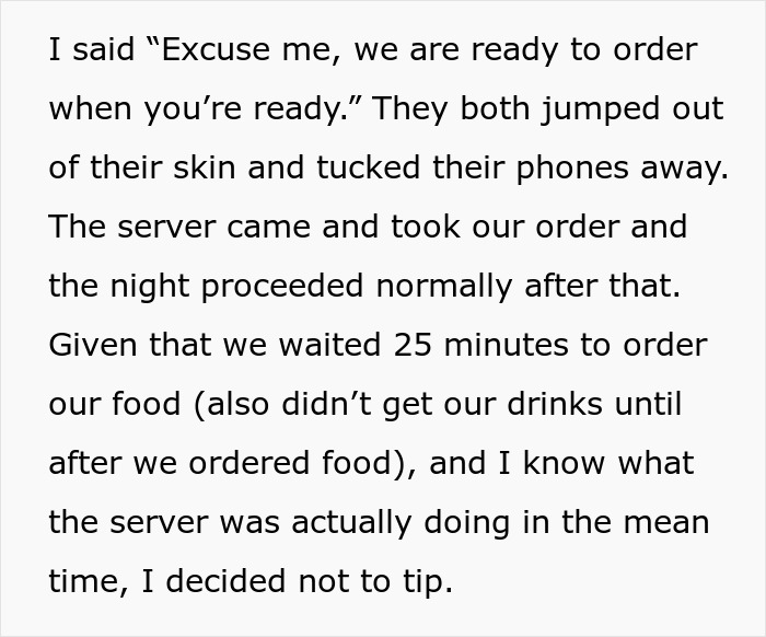 Text describes a delayed restaurant experience leading to a decision not to tip the staff.