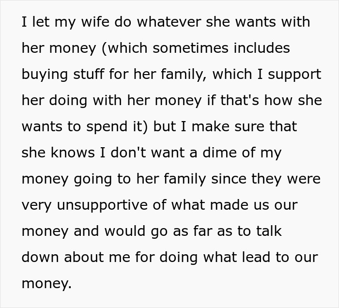 Text highlighting a man's feelings about his in-laws criticizing him as a "deadbeat" despite his business success.