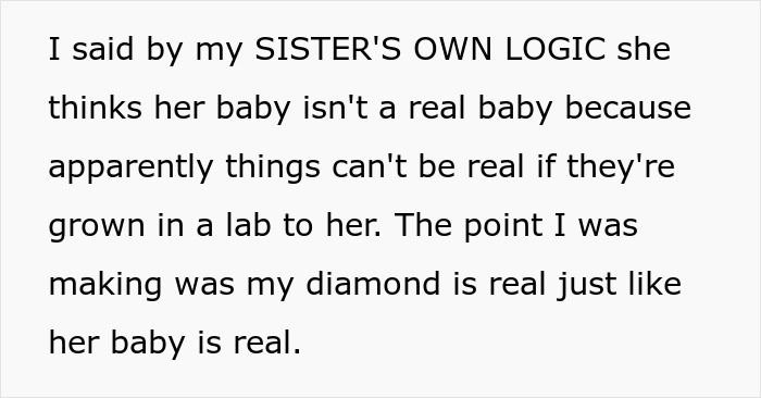 Text about a sister's logic regarding a baby's reality compared to a lab-grown diamond.