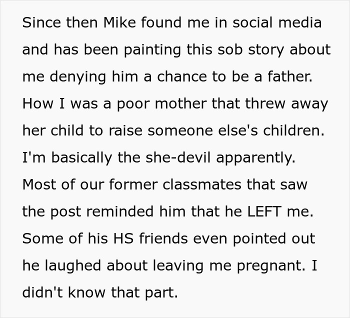 Text from a person discussing their former partner's social media claims after giving up a child for adoption.