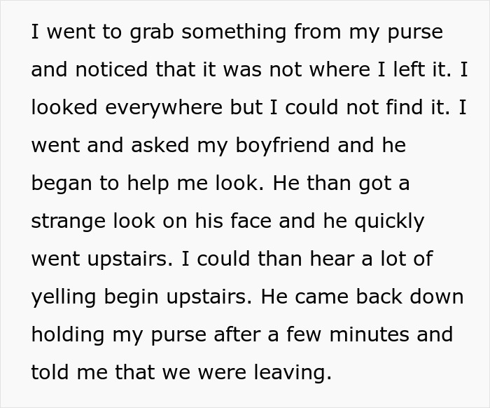 Text about a missing purse, leading to an unexpected discovery and a situation involving a mother-family-heirloom-ring.