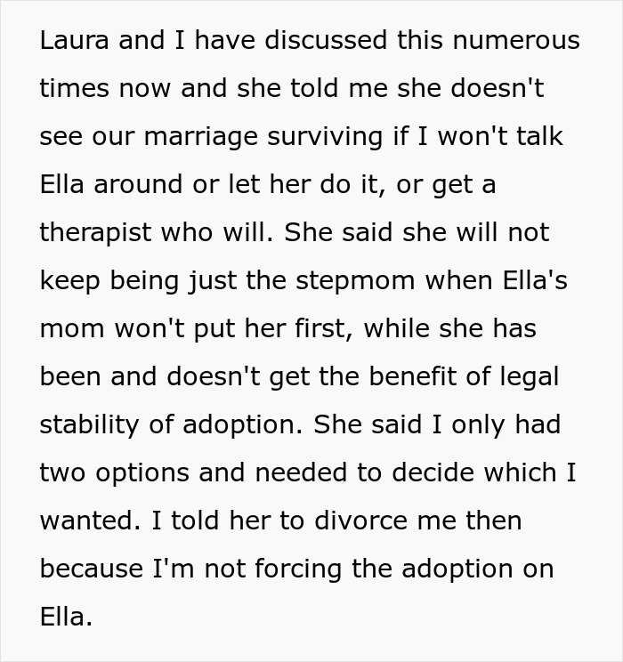 Text conversation discussing adoption and marriage challenges involving a daughter and stepmom.