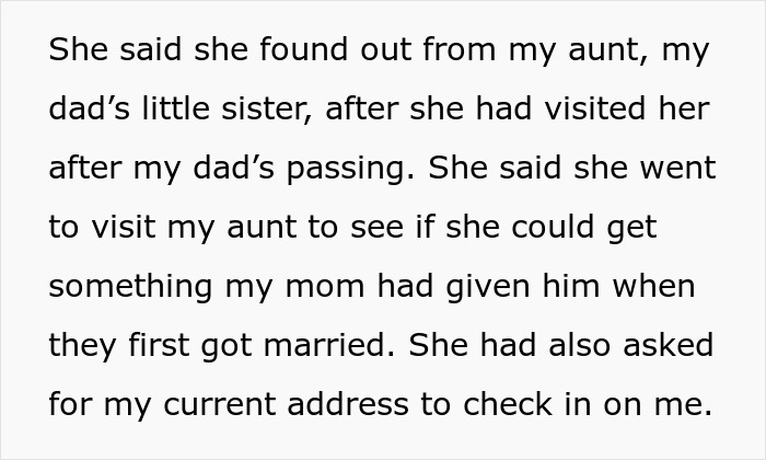 Text describing a relative visiting an aunt after a father's passing, seeking items and address, involving a toxic mom.