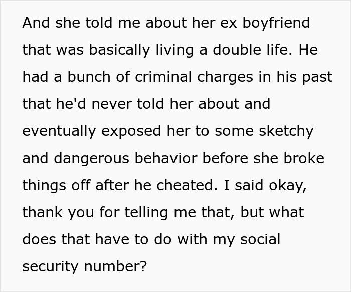 Text discusses ex-boyfriend's double life and criminal charges, raising concerns over social security number background check.