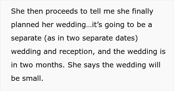 Text discussing a wedding planned with two dates and a small ceremony.