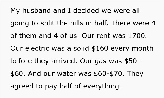 Text describing a couple's agreement to split bills with husband's family, mentioning specific costs like rent and utilities.