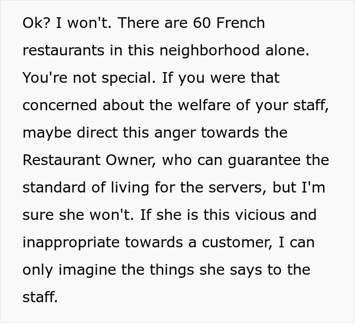 Text discussing customer service standards in a French restaurant neighborhood.