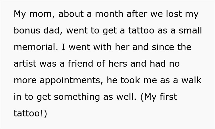 Text describes a memorial tattoo session, sharing a personal story about a first tattoo experience.