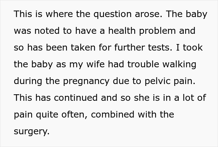 Text discussing man questioning his choices about staying with his wife post-C-section due to health issues with baby.