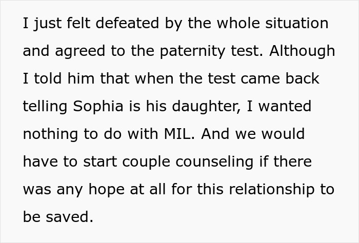 Text about a woman's mixed emotions over her MIL's insistence on a paternity test for her baby who resembles her.