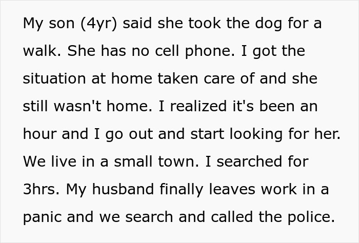 Text describing a situation where a husband's responsibility involves searching for a missing daughter.