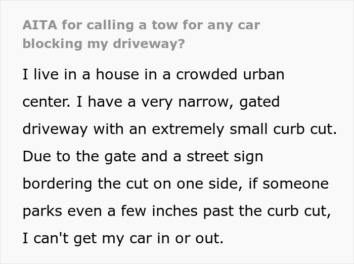 Text about issues with car-driveway-block due to narrow space and street obstacles in a crowded urban area.