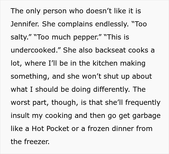 Text discussing a husband experiencing cooking drama with his wife’s critiques and preferences for frozen foods.