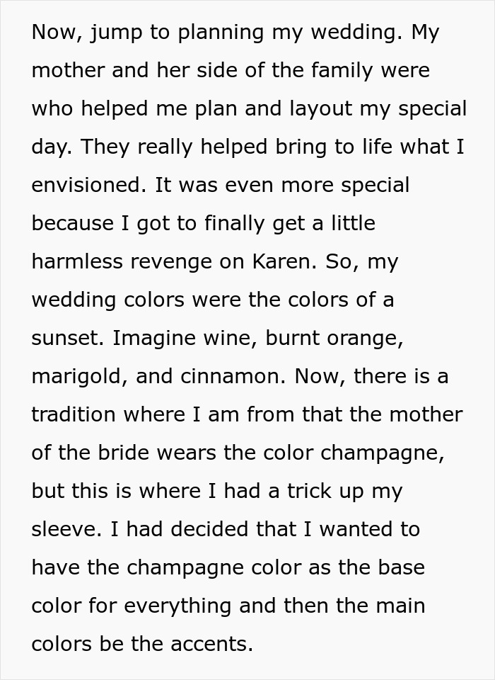 Wedding planning text discussing colors like champagne, wine, burnt orange, marigold, and cinnamon for the special day.