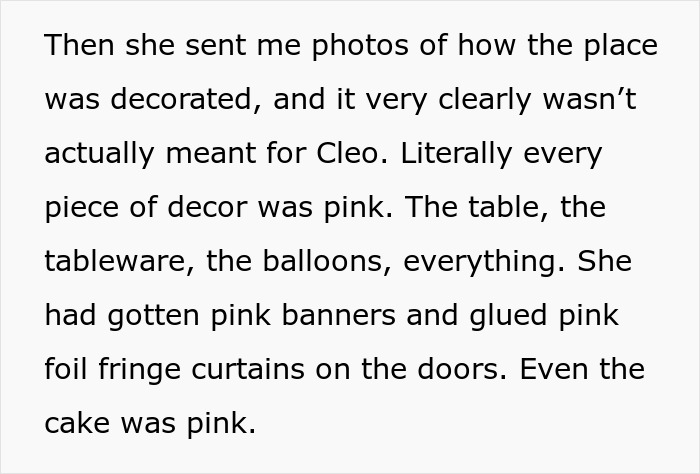 Text describing a party entirely decorated in pink, with pink tableware, balloons, banners, and cake.