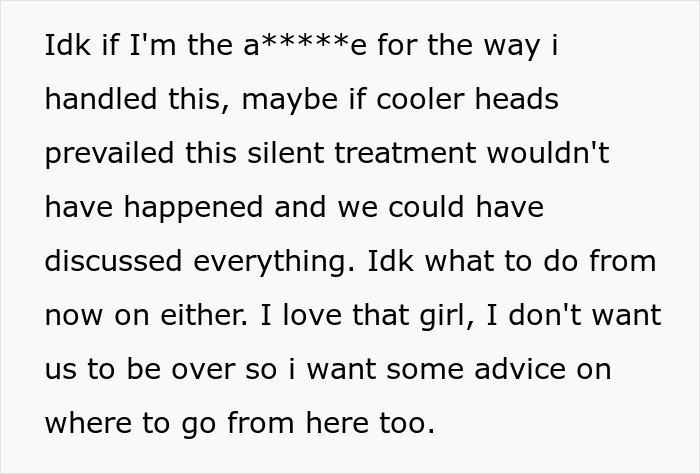 Text of a person questioning their actions after an argument with their girlfriend, seeking advice on what to do next.