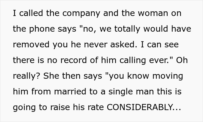 Text conversation relating to revenge theme, discussing removal from a company and changes in marital status affecting rates.