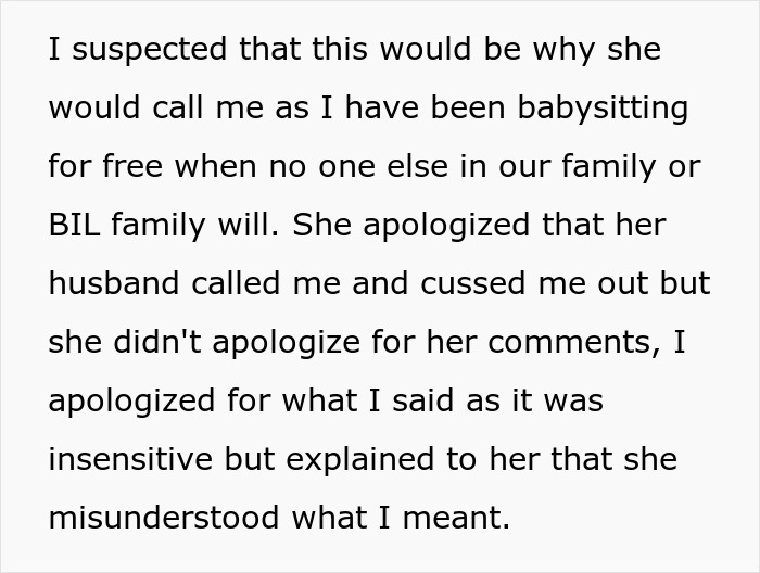 Text from a conversation discussing a misunderstanding about comments regarding a sister's baby.