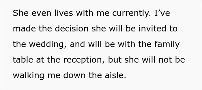 Text discussing a decision about wedding plans and who will walk the bride down the aisle.