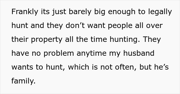 Text about a neighbor discussing legal deer hunting on private land and family hunting permissions.