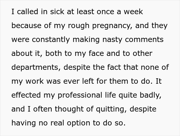 Text about work challenges during pregnancy, addressing rough experiences and negative comments from colleagues.