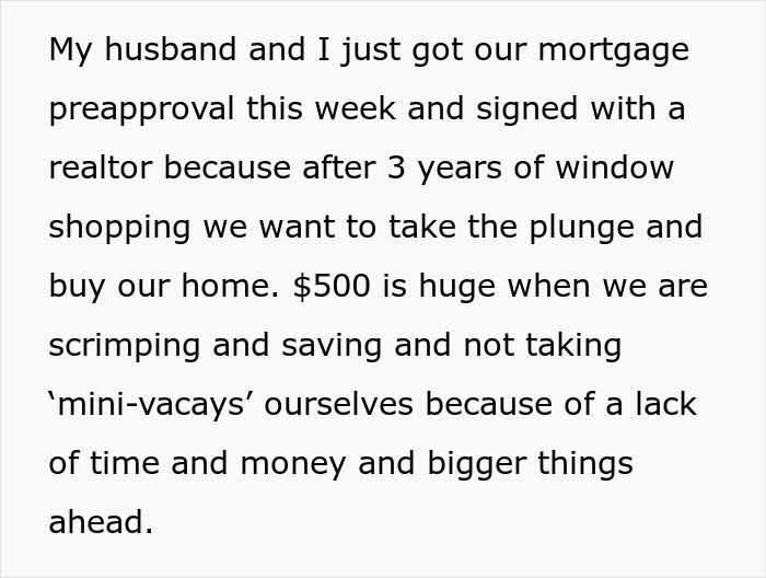 Text about mortgage preapproval and saving instead of taking bachelorette mini-vacation.