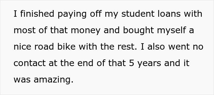 Text about using heirloom funds to pay student loans and buy a bike.