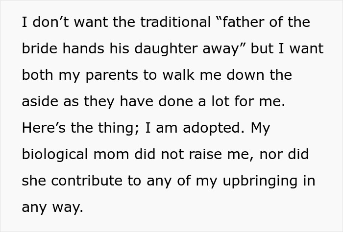 Text discussing non-traditional aisle walk with both parents instead of biological mother.