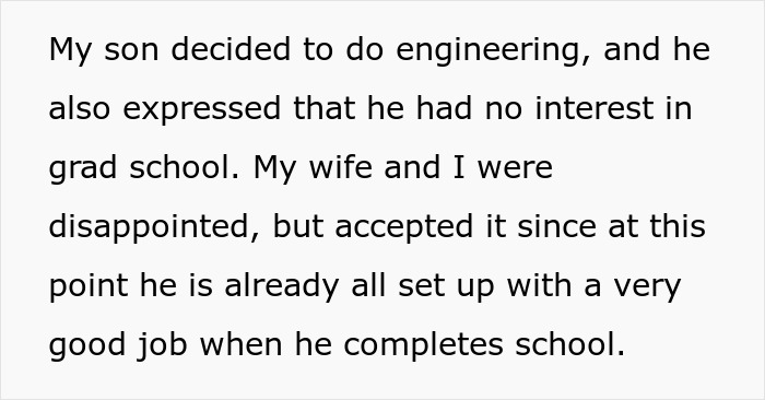 Text discussing son's decision to pursue engineering, expressing disinterest in grad school, and mentioning job readiness.