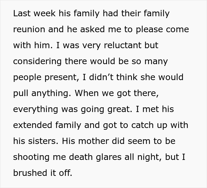 Text about a family reunion with a mother giving disapproving looks.