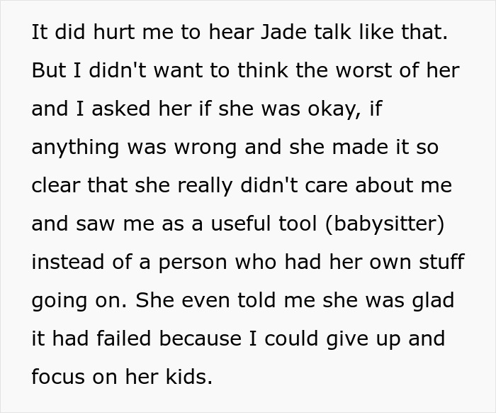 Text exchange discussing feelings about being seen as a babysitter, not a real person with her own needs.