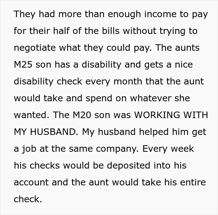 Text highlighting a woman's issue with her husband's family over unpaid bills and financial conflicts.